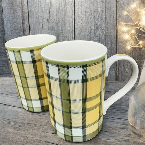 Spode Glen Lodge Tartan Tan Green Fine Bone China Mug Cup Set 2 Porcelain Mugs - Picture 1 of 15